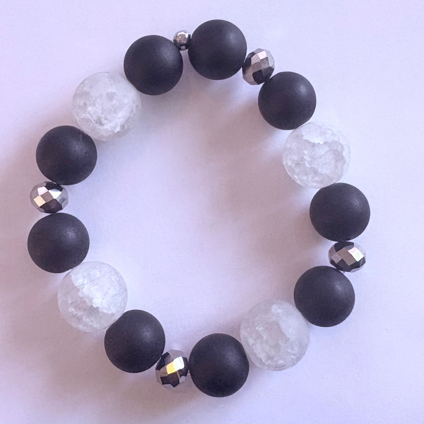 Matte Black & Crackle Beaded Stretch Bracelet, 14mm