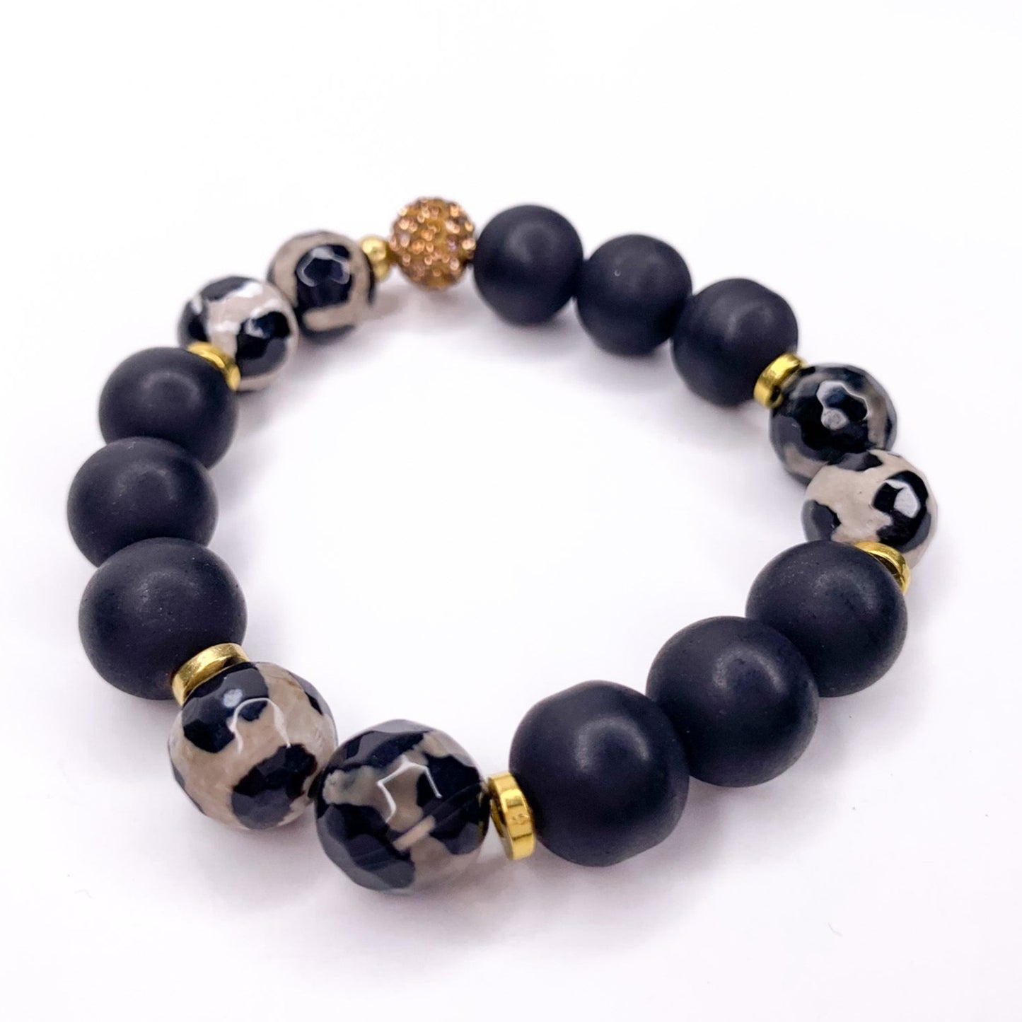 Matte Black Giraffe Beaded Stretch Bracelet, 14mm