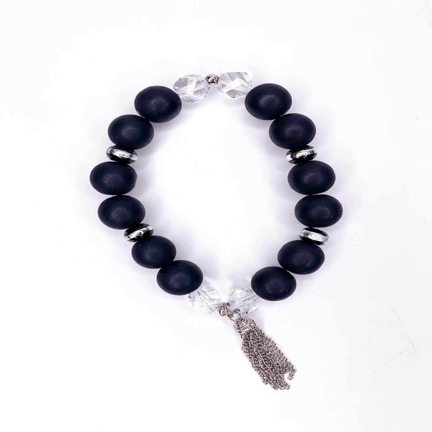 Matte Black & Crystal Beaded Stretch Bracelet, 14mm