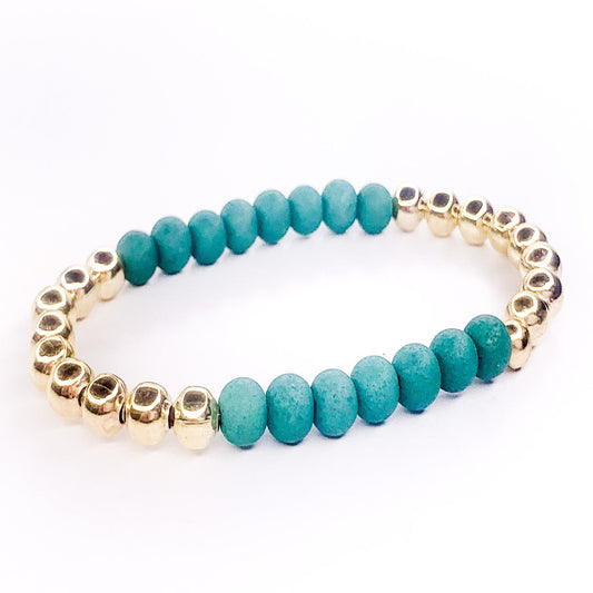 Matte Turquoise and Gold Beaded Stretch Bracelet, 5mm