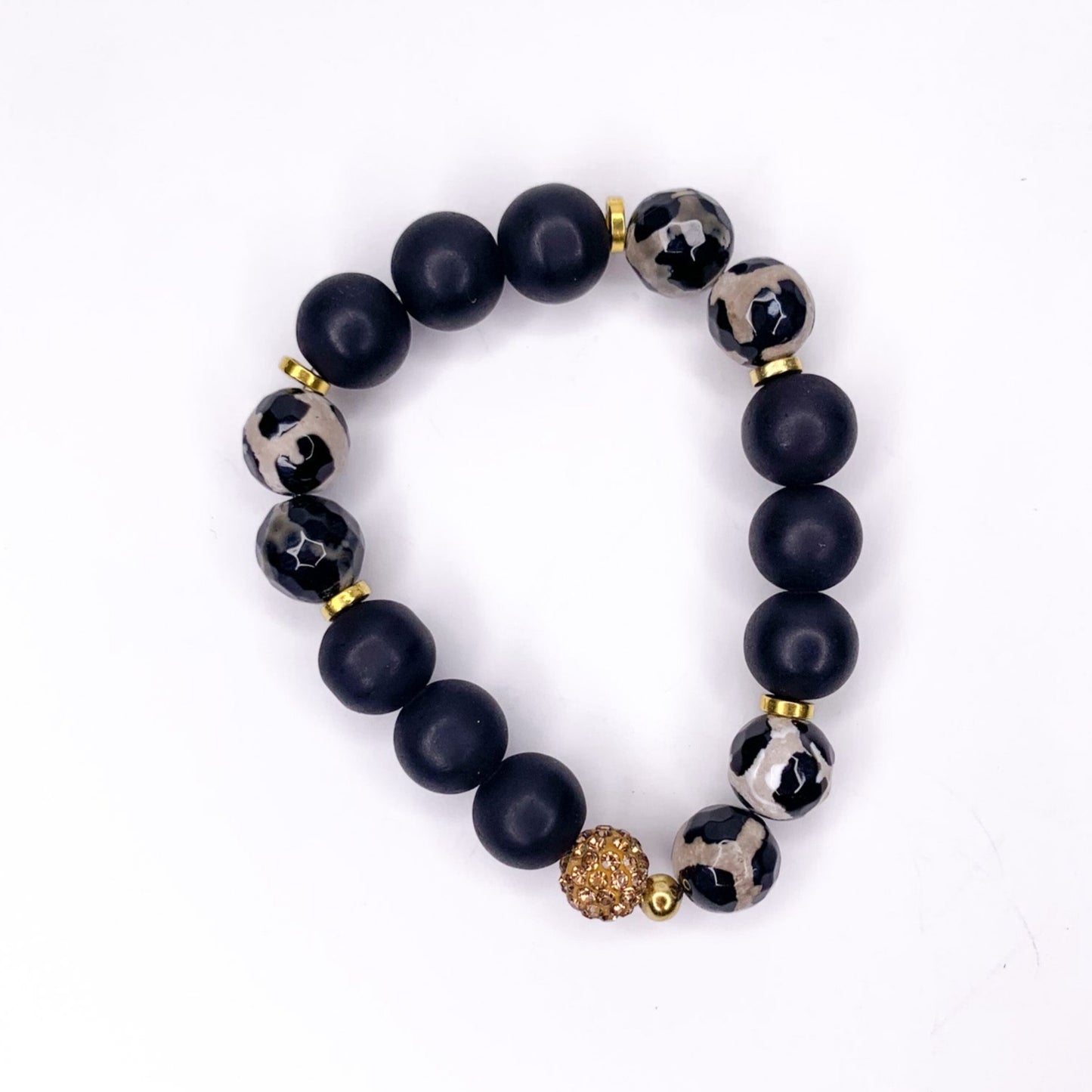 Matte Black Giraffe Beaded Stretch Bracelet, 14mm