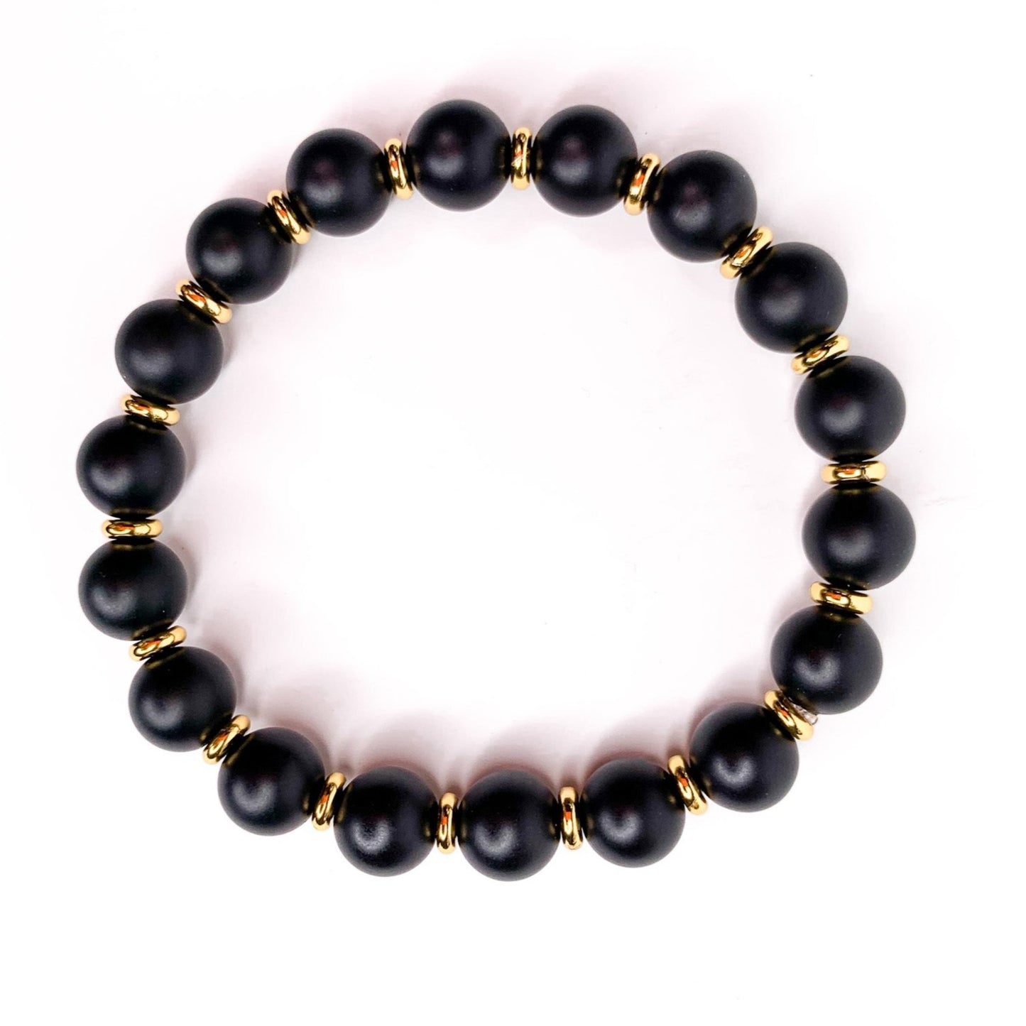 Men's Onyx  & Gold Beaded Stretch Bracelet, 10mm