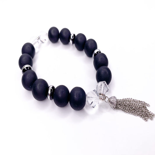 Matte Black & Crystal Beaded Stretch Bracelet, 14mm