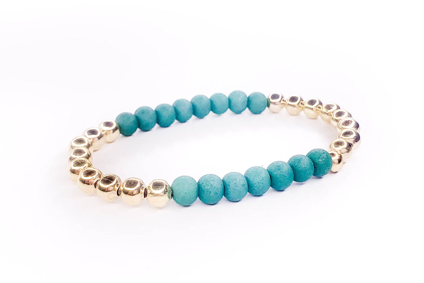 Matte Turquoise and Gold Beaded Stretch Bracelet, 5mm