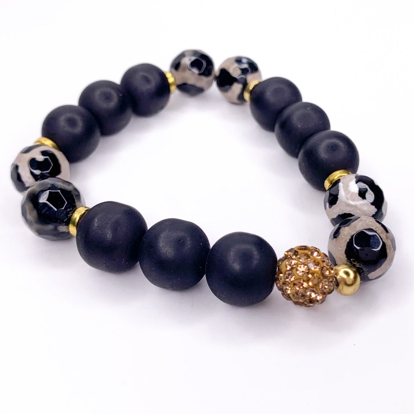 Matte Black Giraffe Beaded Stretch Bracelet, 14mm