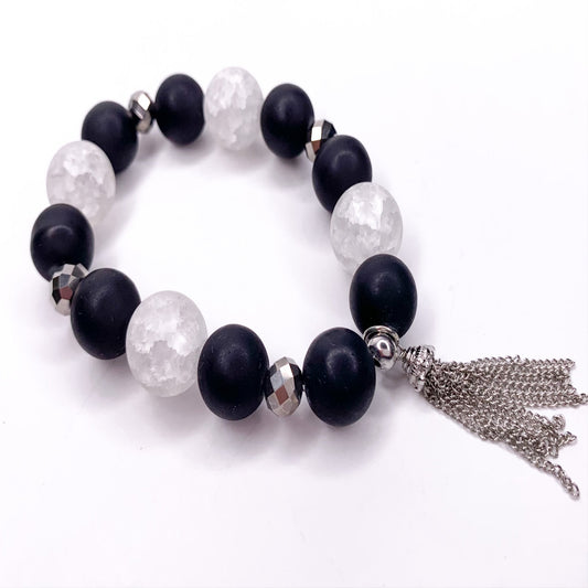 Matte Black & Crackle Beaded Stretch Bracelet, 14mm