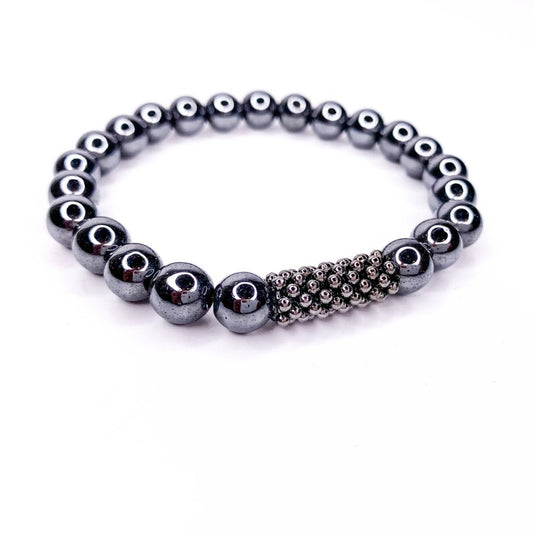 Men's Hematite Beaded Stretch Bracelet with Wheel Accent, 8mm