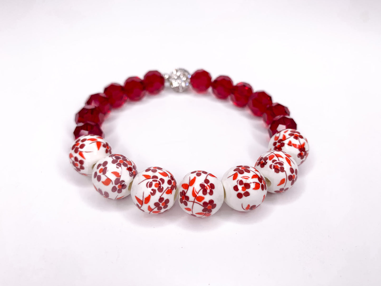 Floral Beaded Stretch Bracelet with Pave Accent, 12mm