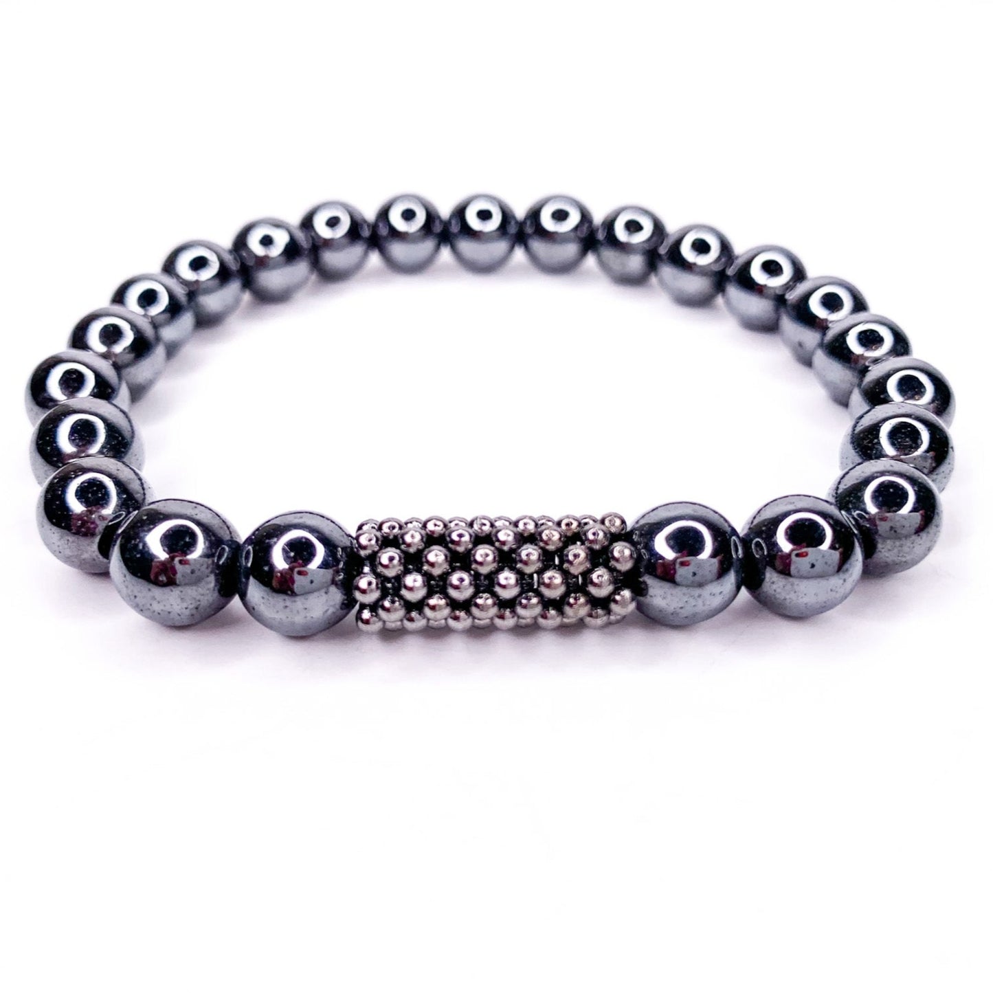 Men's Hematite Beaded Stretch Bracelet with Wheel Accent, 8mm