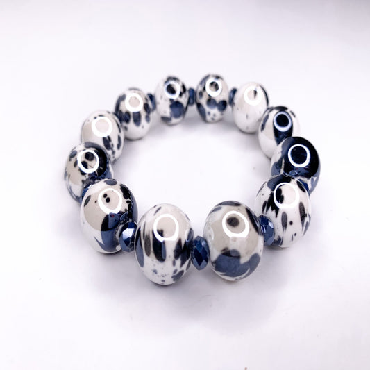 Black Splash Beaded Stretch Bracelet, 14mm