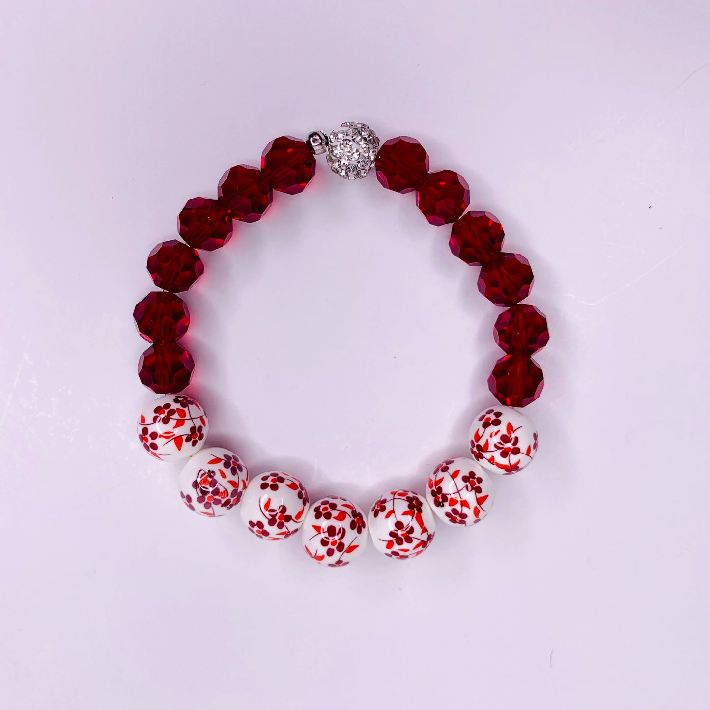 Floral Beaded Stretch Bracelet with Pave Accent, 12mm