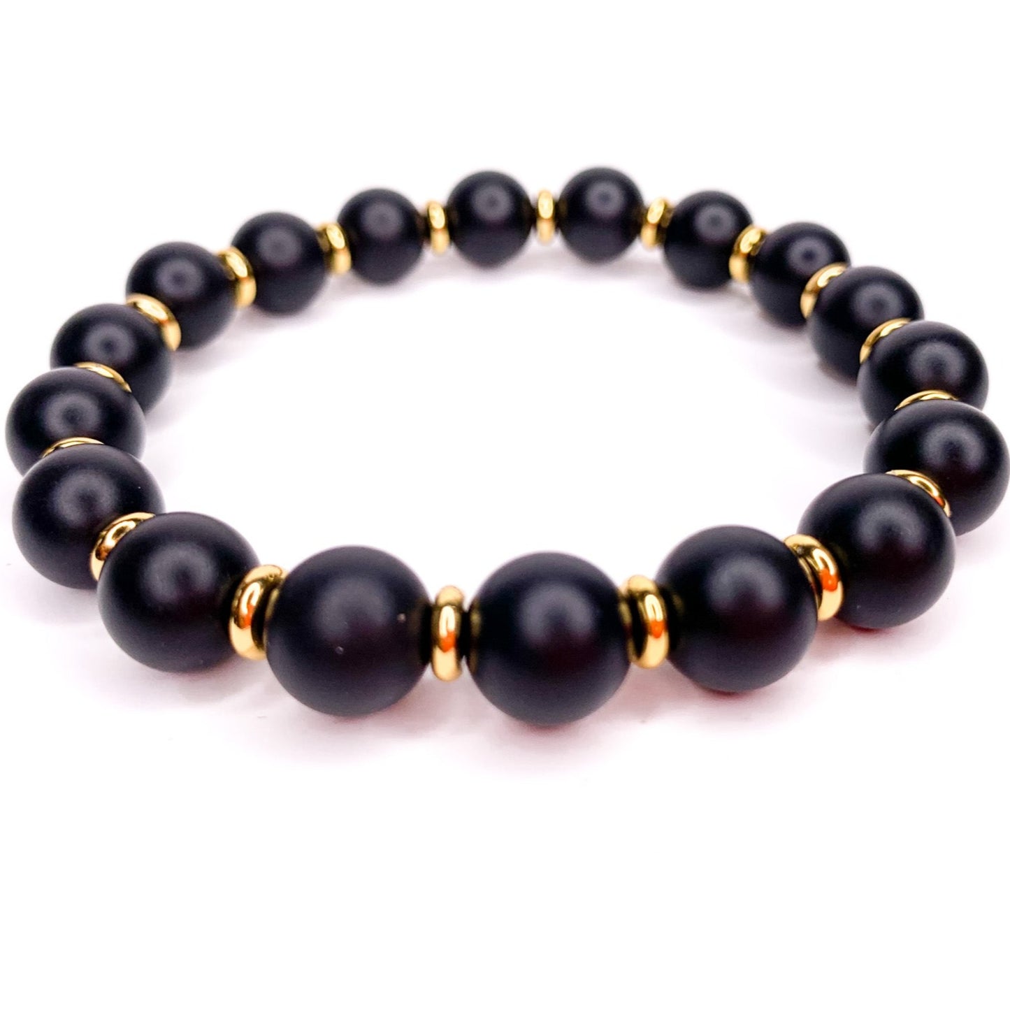 Men's Onyx  & Gold Beaded Stretch Bracelet, 10mm