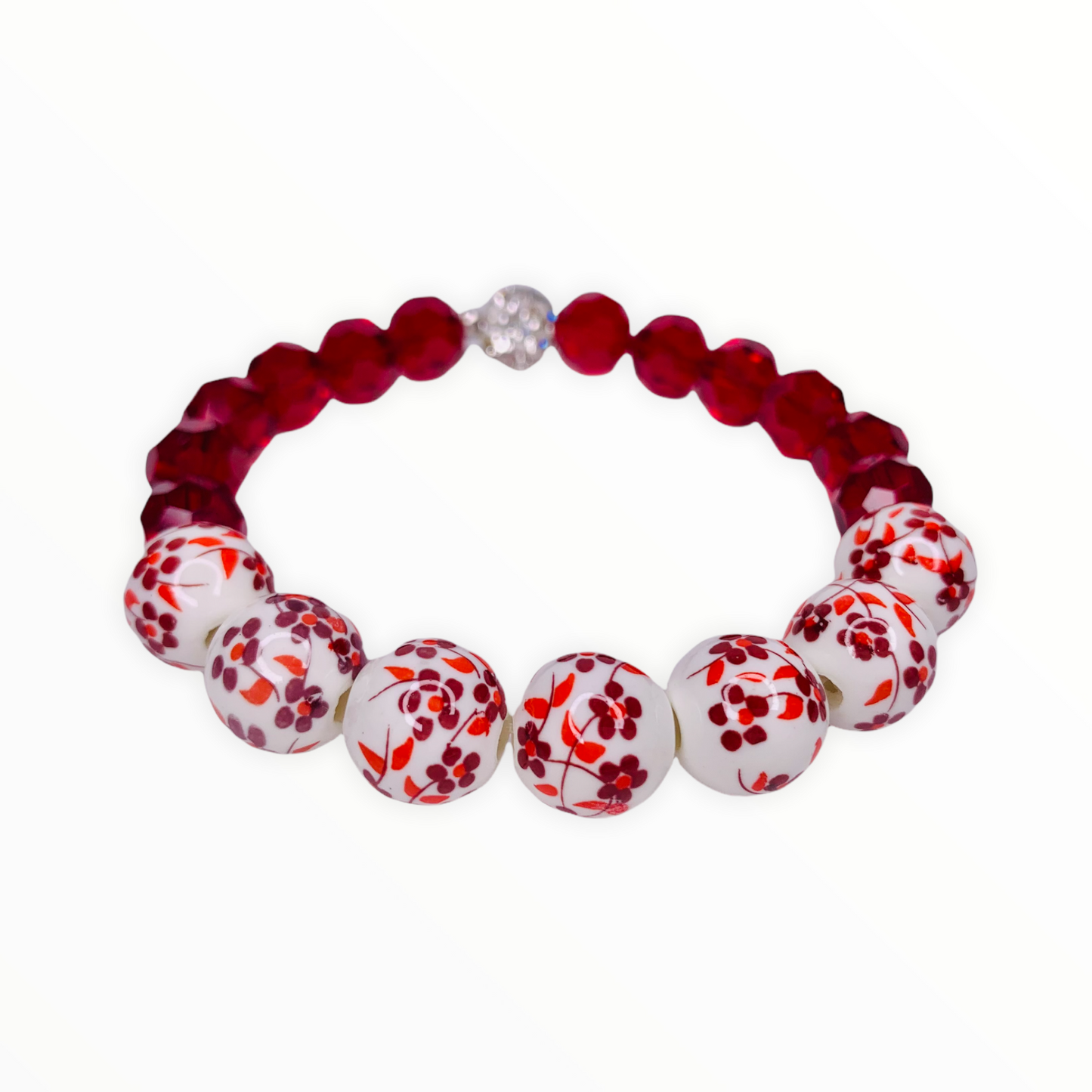 Floral Beaded Stretch Bracelet with Pave Accent, 12mm