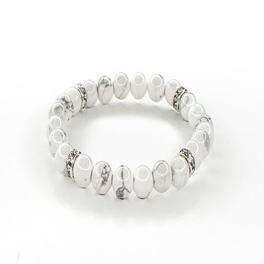 Howlite Beaded Stretch Bracelet with Rhinestone Accents, 6mm