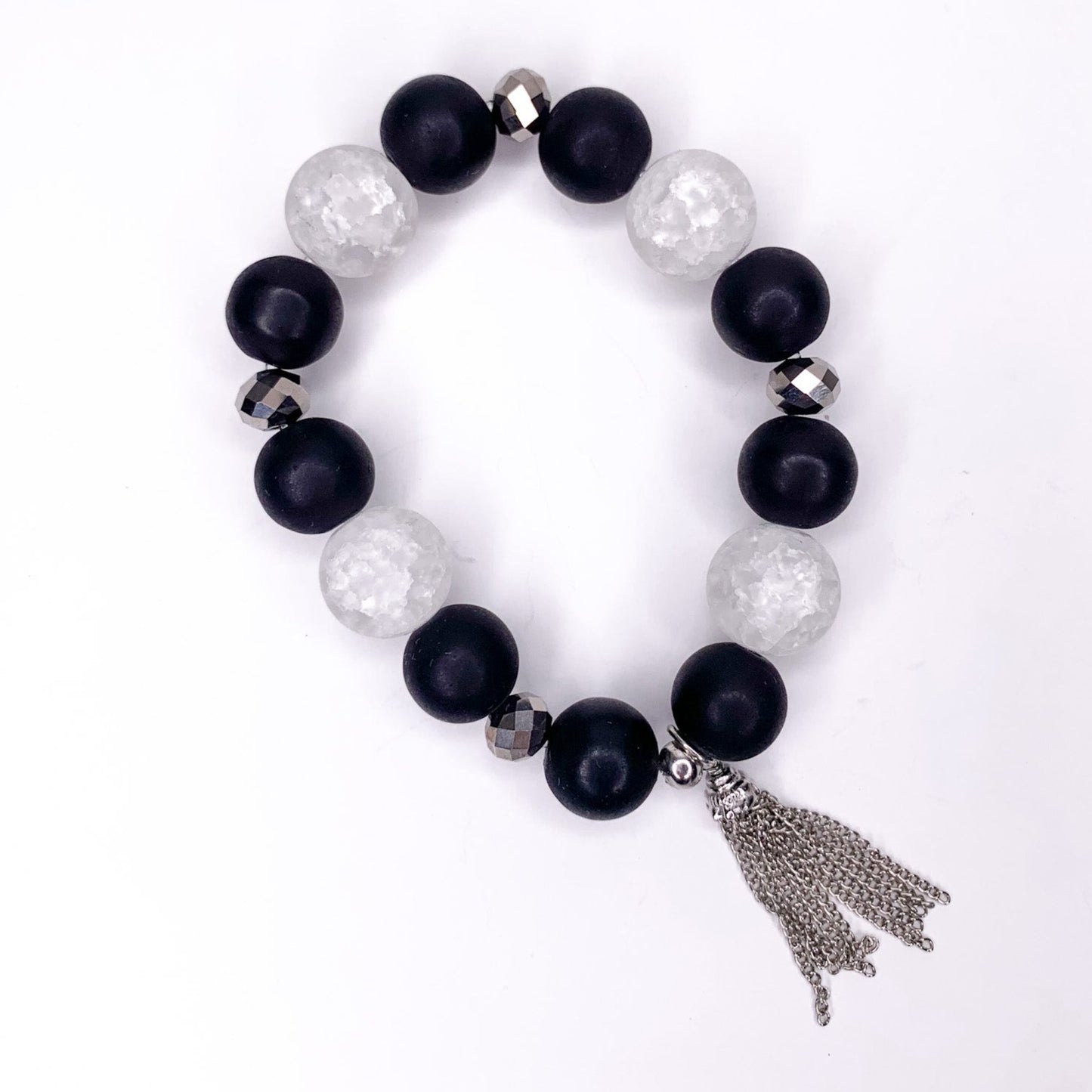 Matte Black & Crackle Beaded Stretch Bracelet, 14mm