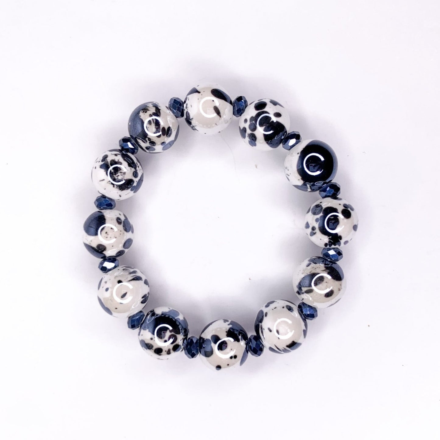 Black Splash Beaded Stretch Bracelet, 14mm