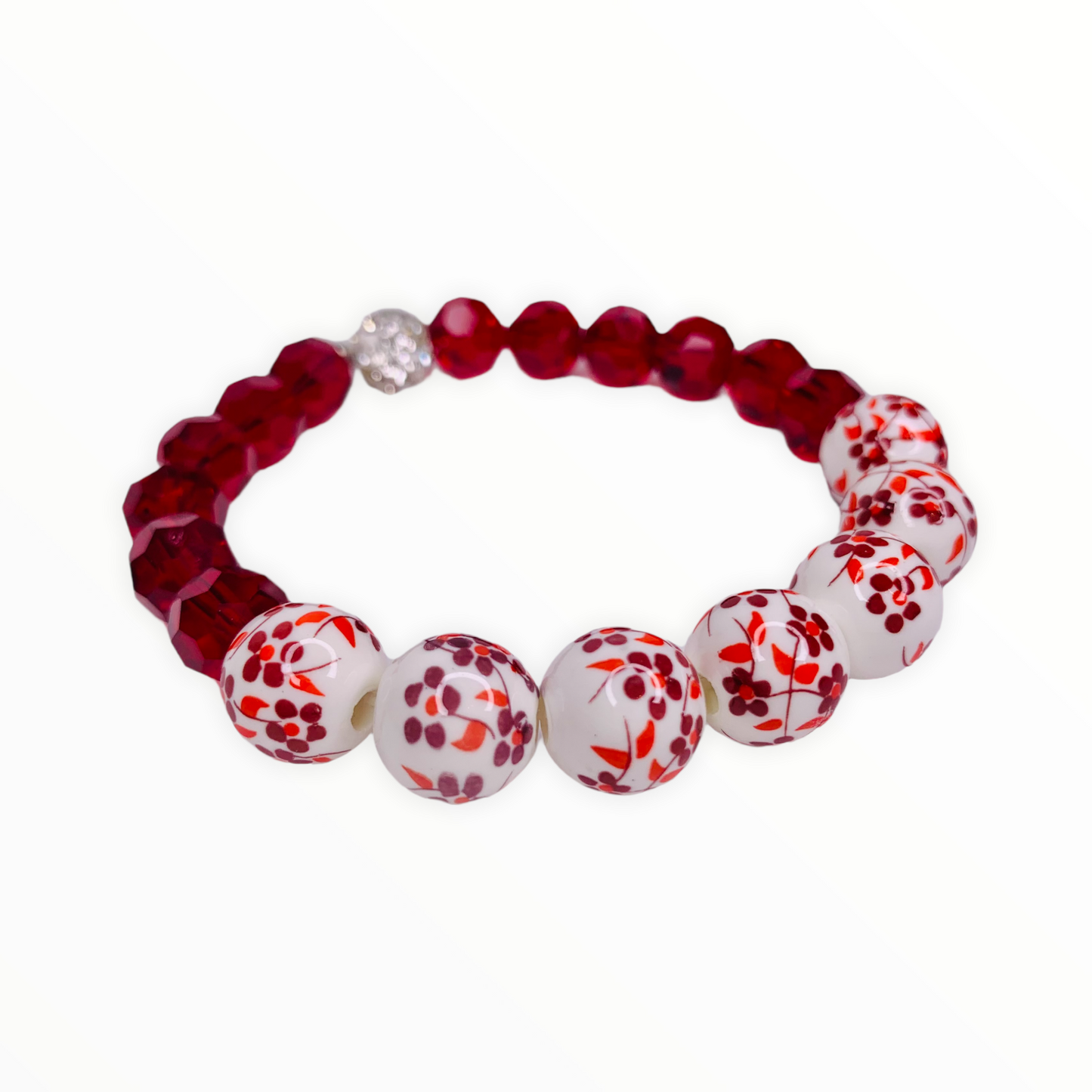 Floral Beaded Stretch Bracelet with Pave Accent, 12mm